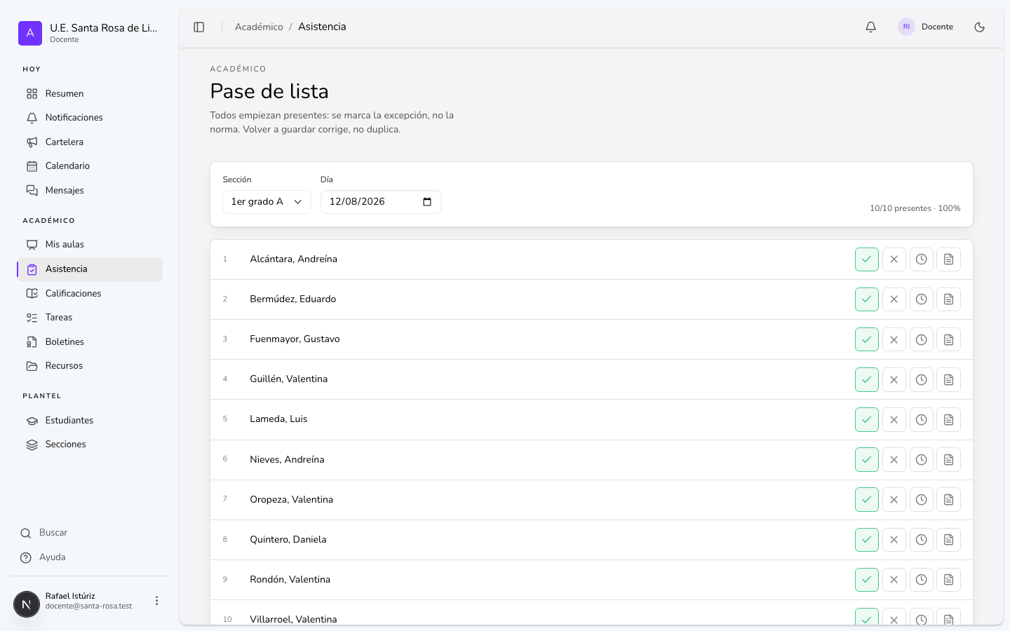Pantalla: Pase de lista