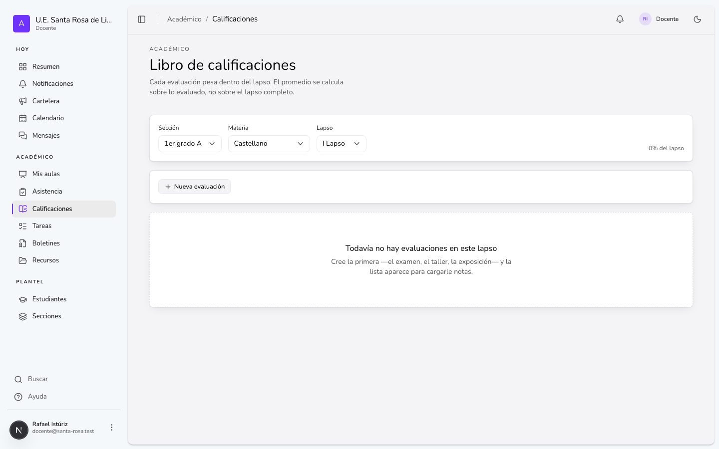 Carga de calificaciones por sección y materia