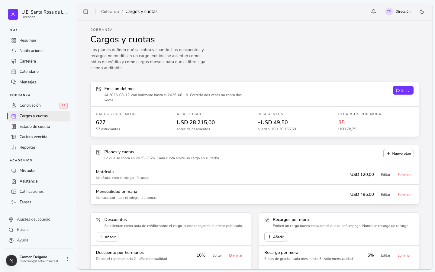 Pantalla: Cargos y cuotas
