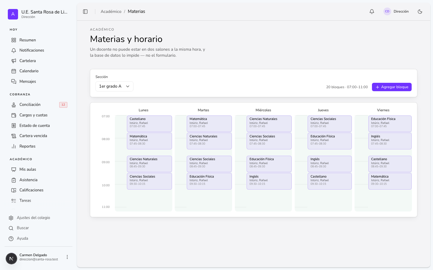 Pantalla: Materias y horario